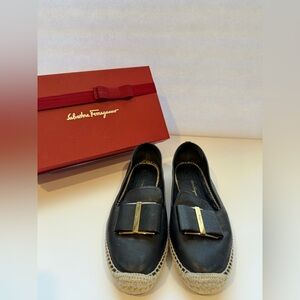 Salvatore Ferragamo Black Leather Flats with Gold Accents